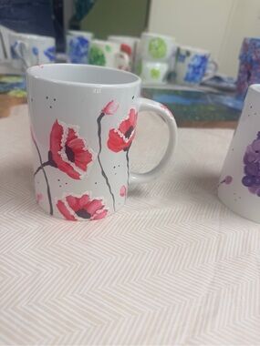 White Ceramic Mug with Red Floral Design-painted by ME!
